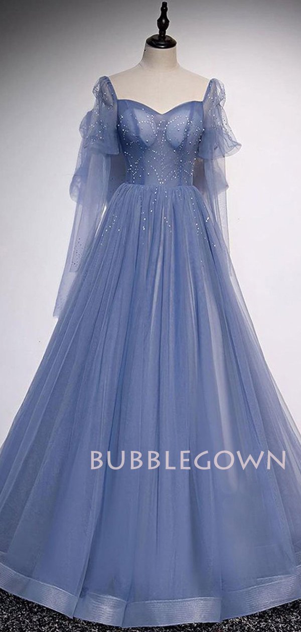 See Throuth A-line Sweetheart Dusty Blue Tulle Beaded Long Sleeves Formal Long Evening Prom Dresses, Cheap Custom Prom Dresses, MR7408 See Throuth A-line Sweetheart Dusty Blue Tulle Beaded Long Sleeves Formal Long Evening Prom Dresses, Cheap Custom Prom Dresses, MR7408