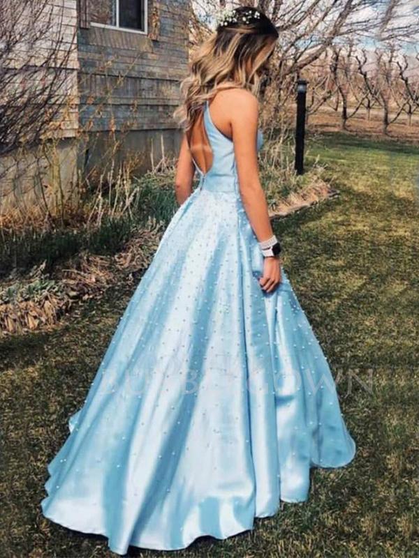 A-line Round Neckline Blue Satin Pearls Long Backless Evening Prom Dre MarryLover A-line Round Neckline Blue Satin Pearls Long Backless Evening Prom Dre MarryLover