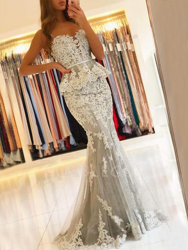 Copy of Grey Appliques Spaghetti Straps V Neck Mermaid Lace Long Evening Prom Dresses, Cheap Custom Prom Dresses, MR7416