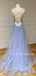 A-line Blue Tulle Beaded Long Evening Prom Dresses, Cheap Custom Prom dresses, MR7423