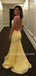 Yellow Lace Spaghetti Straps Mermaid Backless Long Evening Prom Dresses, Cheap Custom Prom Dresses, MR7428