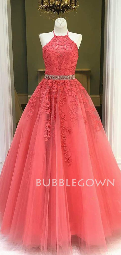 A-line Halter Watermelon Red Tulle Appliques Lace Long Evening Prom Dresses, Cheap Custom Prom Dress, MR7431