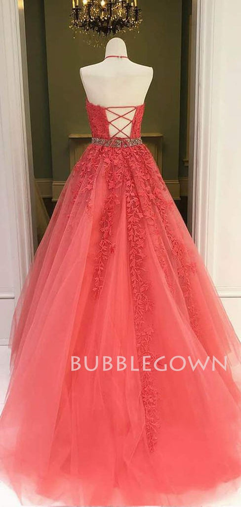 A-line Halter Watermelon Red Tulle Appliques Lace Long Evening Prom Dresses, Cheap Custom Prom Dress, MR7431