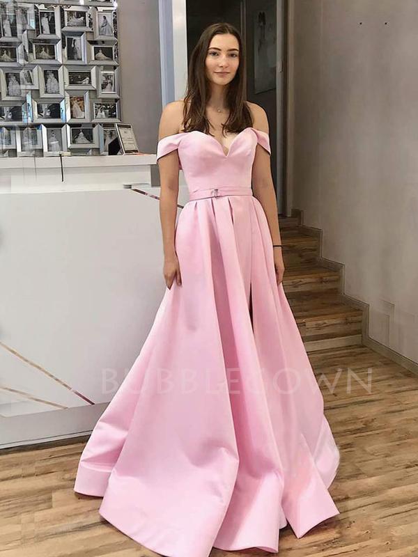 A-line Pink Satin Off Shoulder Side Slit Long Evening Prom Dresses, Ch MarryLover A-line Pink Satin Off Shoulder Side Slit Long Evening Prom Dresses, Ch MarryLover