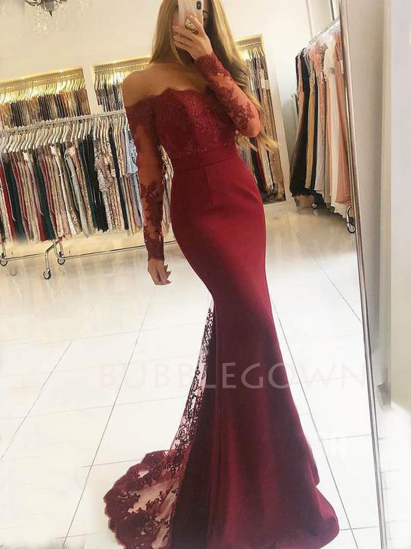 Off Shoulder Appliques Long Sleeves Mermaid Lace Long Evening Prom Dresses, Cheap Custom Prom Dresses, MR7443