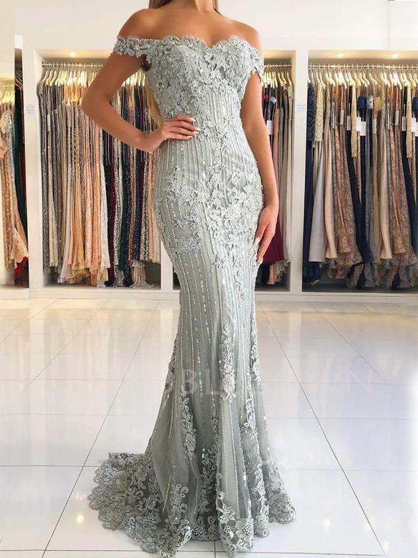 Off Shoulder Grey Lace Mermaid Beaded Long Evening Prom Dresses, MR744 MarryLover Off Shoulder Grey Lace Mermaid Beaded Long Evening Prom Dresses, MR744 MarryLover