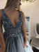 A-line See Throuth Deep V Neck Appliques Long Lace Evening Prom Dresses, Cheap Custom Prom Dresses, MR7446