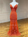 Orange Appliques Spaghetti Straps Mermaid Lace Backless Long Evening Prom Dresses, MR7452