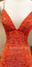 Orange Appliques Spaghetti Straps Mermaid Lace Backless Long Evening Prom Dresses, MR7452