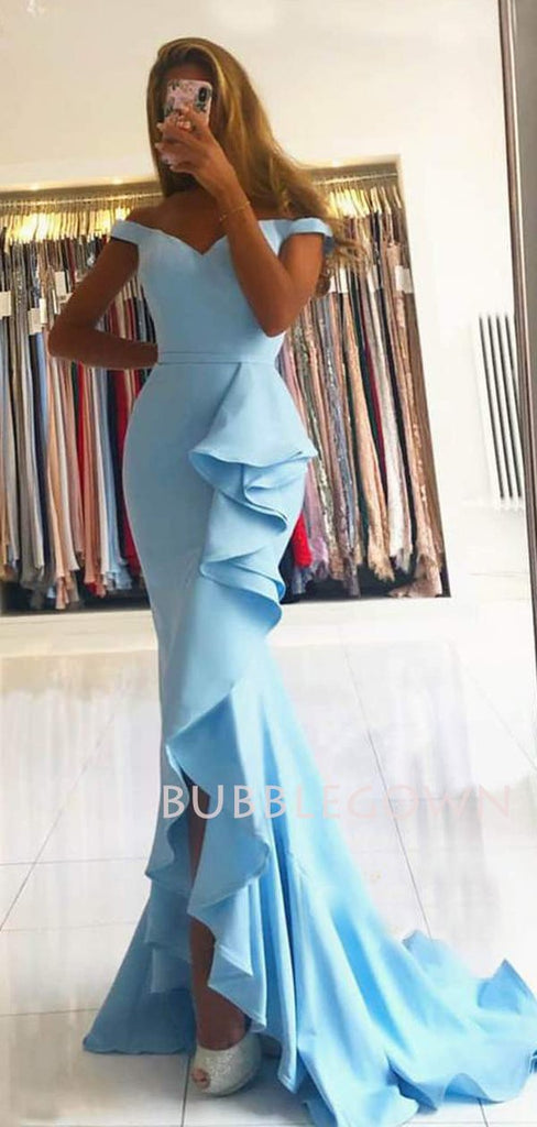 Off Shoulder Blue Satin Mermaid Long Evening Prom Dresses, Cheap Custom Prom Dresses, MR7455
