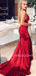 Burgundy Satin Spaghetti Straps Mermaid Long Evening Prom Dresses, Cheap Custom Prom Dresses, MR7459