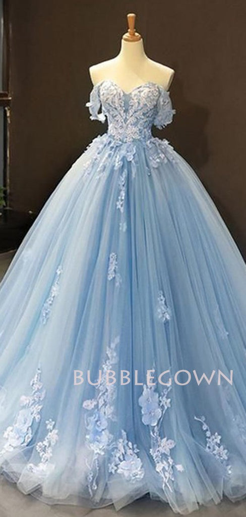 Ball Gown Off Shoulder Blue Tulle Appliques Long Evening Prom Dresses, Cheap Custom Prom Dresses, MR7461