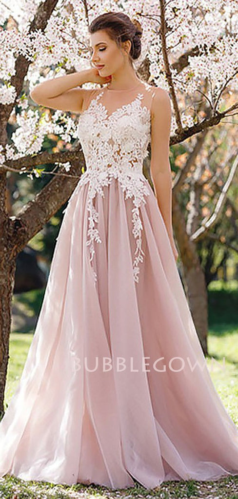 A-line Pink Tulle Appliques Long Evening Prom Dresses, Cheap Custom Prom Dress, MR7462