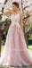 A-line Pink Tulle Appliques Long Evening Prom Dresses, Cheap Custom Prom Dress, MR7462