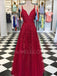 A-line Red Lace Appliques V-neck Tulle Long Evening Prom Dresses, Cheap Custom Prom Dress, MR7464