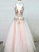 Pink Tulle See Throuth V Neck Appliques Lace A-line Long Evening Prom Dresses, Cheap Custom V Back Prom Dress, MR7466