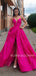 A-Line Fuchsia Satin V Neck High Slit Long Evening Prom Dresses, Cheap Custom prom dresses, MR7468