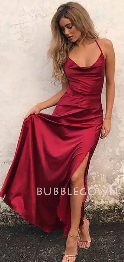 Burgundy Spaghetti Straps Backless Side Slit Formal Long Evening Prom Dresses, MR7469