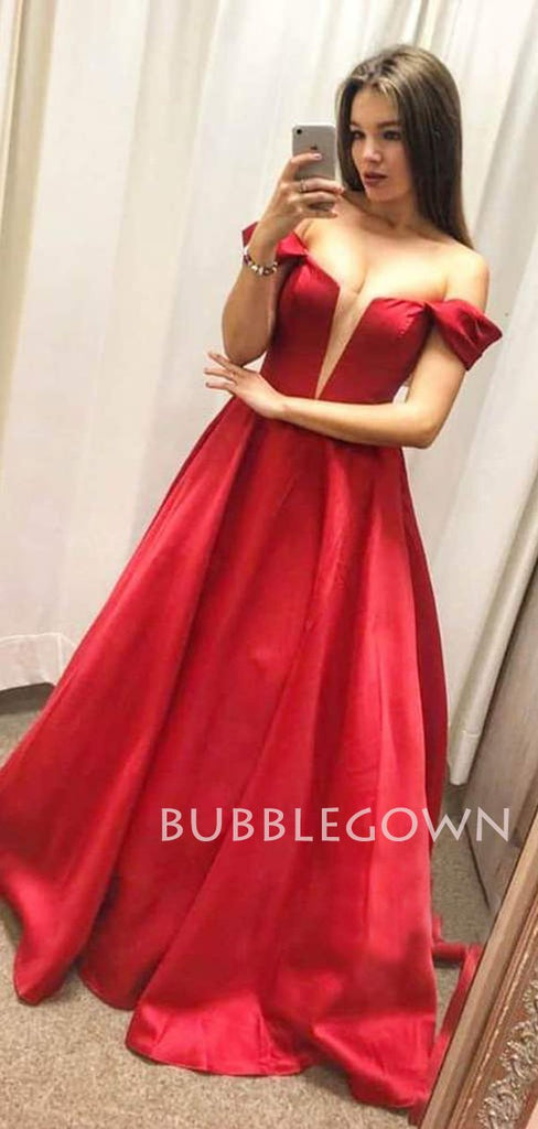 A-line Off Shoulder Red Satin Deep V Neck Long Evening Prom Dresses, Cheap Custom Prom Dresses, MR7473