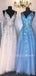 Sexy Deep V Neck A-Line Lace Beaded Long Evening Prom Dresses, Cheap Custom Prom Dresses, MR7481