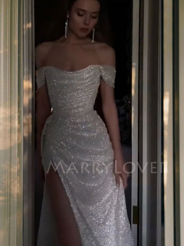 Off Shoulder White Sequin Side Slit Long Evening Prom Dresses, Cheap S MarryLover Off Shoulder White Sequin Side Slit Long Evening Prom Dresses, Cheap S MarryLover