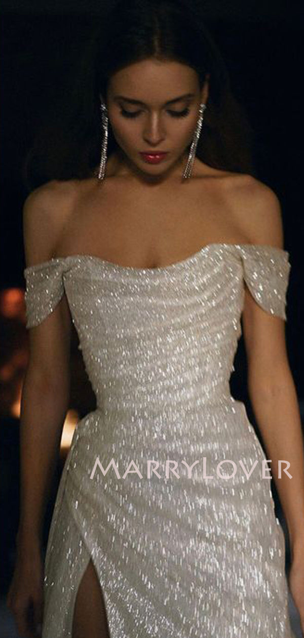 Off Shoulder White Sequin Side Slit Long Evening Prom Dresses, Cheap S MarryLover Off Shoulder White Sequin Side Slit Long Evening Prom Dresses, Cheap S MarryLover