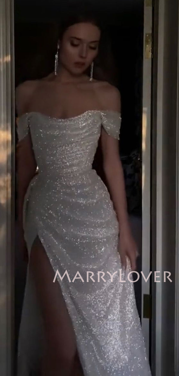 white sparkly off the shoulder dress White Fitted Off Shoulder Sequin Gown by Ladivine CD0203W