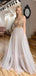 Deep V Neck A-line Tulle Beaded Long Evening Prom Dresses, Cheap Custom Prom Dress, MR7490