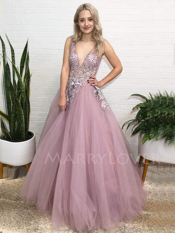 Sexy See Throuth Deep V Neck A-Line Lace Appliques Long Evening Prom Dresses, Cheap Custom Prom Dresses, MR7492