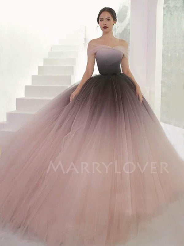 Off Shoulder Ball Gown Pink Tulle Gradient Long Evening Prom Dresses, Cheap Custom Prom Dresses, MR7502