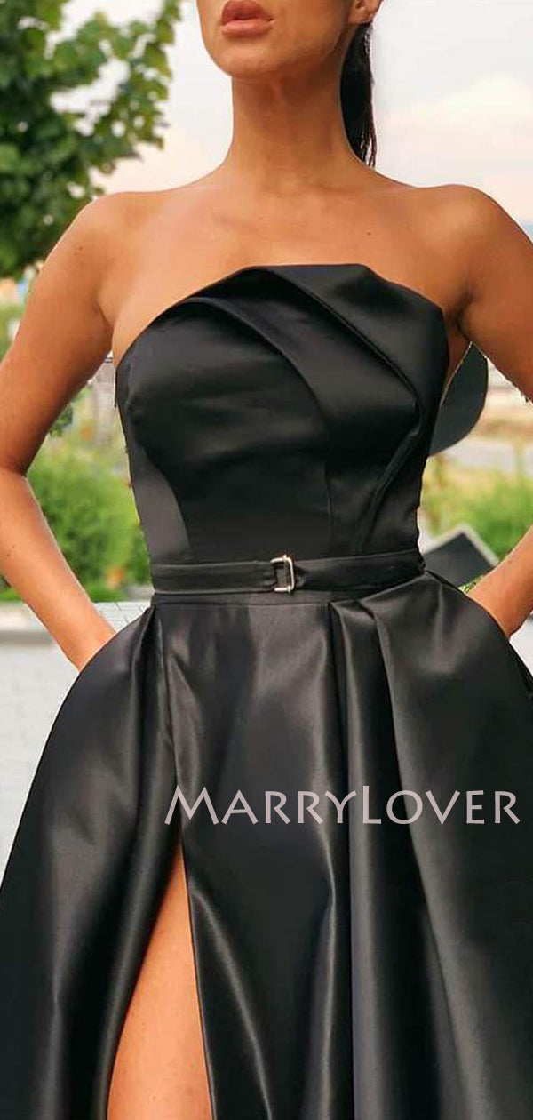 A-line Black Satin Side Slit Long Strapless Evening Prom Dresses, Chea MarryLover A-line Black Satin Side Slit Long Strapless Evening Prom Dresses, Chea MarryLover
