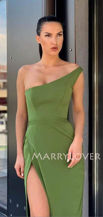 One Shoulder Satin Long Side Slit Evening Prom Dresses, Cheap Custom Prom Dresses, MR7513