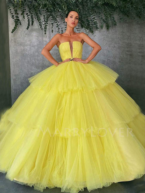 Deep V Neck Ball Gown Yellow Tulle Strapless Long Evening Prom Dresses, Cheap Custom Prom Dresses, MR7514