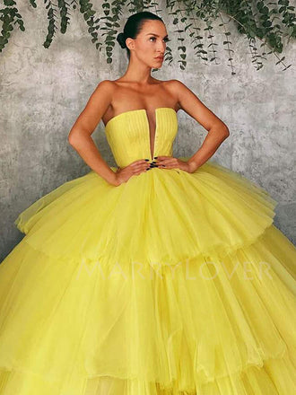 Deep V Neck Ball Gown Yellow Tulle Strapless Long Evening Prom Dresses, Cheap Custom Prom Dresses, MR7514