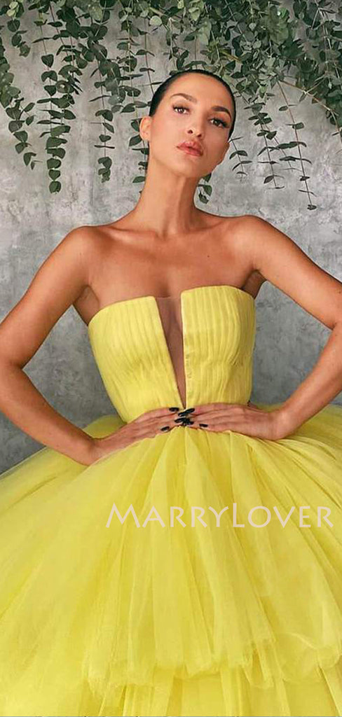 Deep V Neck Ball Gown Yellow Tulle Strapless Long Evening Prom Dresses, Cheap Custom Prom Dresses, MR7514