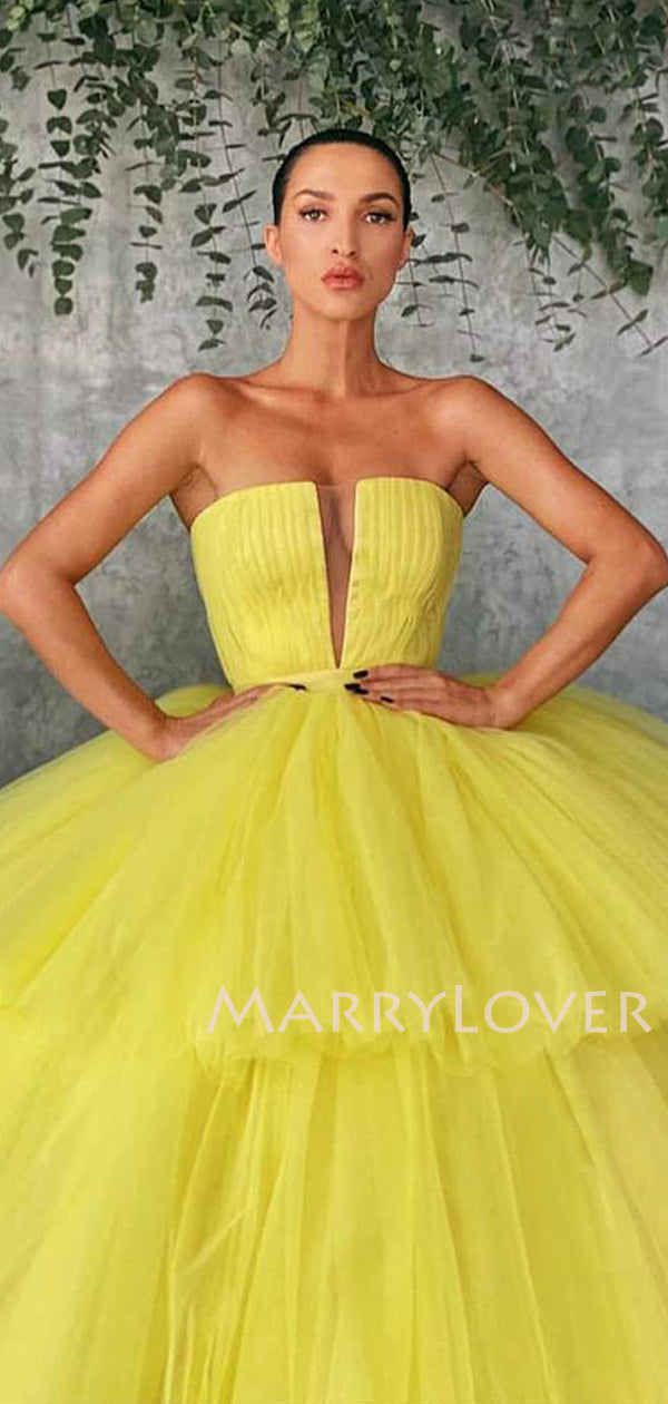 Deep V Neck Ball Gown Yellow Tulle Strapless Long Evening Prom Dresses MarryLover Deep V Neck Ball Gown Yellow Tulle Strapless Long Evening Prom Dresses MarryLover