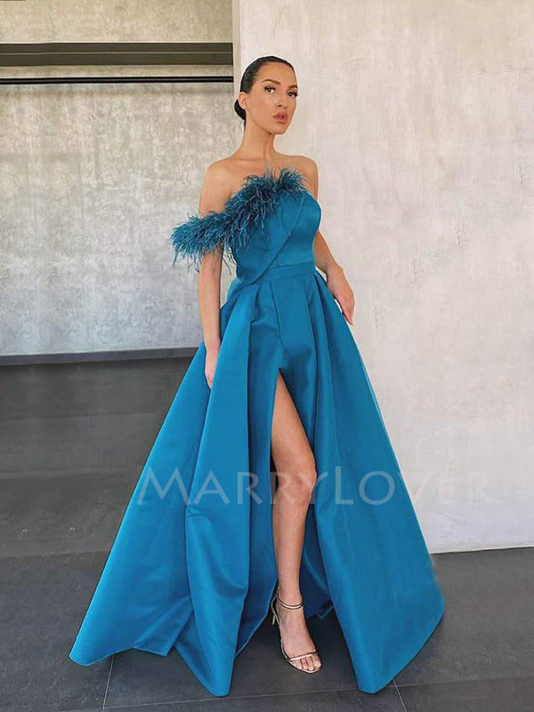 A-line Satin Side Slit Long Strapless Evening Prom Dresses, Cheap Cust β MarryLover