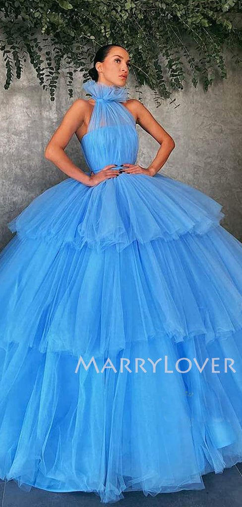 Ball Gown Sky Blue Tulle High Neck Long Evening Prom Dresses, Cheap Custom Prom Dresses, MR7521