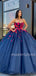 Ball Gown Navy Blue Tulle 3D Appliques Spaghetti Straps Long Evening Prom Dresses, Cheap Custom Prom Dresses, MR7522