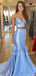 Two Pieces Blue Satin Mermaid Beaded Long Evening Prom Dresses, Cheap Custom Prom Dress, MR7530