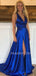 A-line Elastic satin Deep V Neck side Slit Long Evening Prom Dresses, Cheap Custom Prom Dresses, MR7531