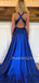 A-line Elastic satin Deep V Neck side Slit Long Evening Prom Dresses, Cheap Custom Prom Dresses, MR7531