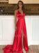 A-line Red stretch satin Spaghetti Straps V Neck side Slit Long Evening Prom Dresses, Cheap Custom Prom Dresses, MR7532