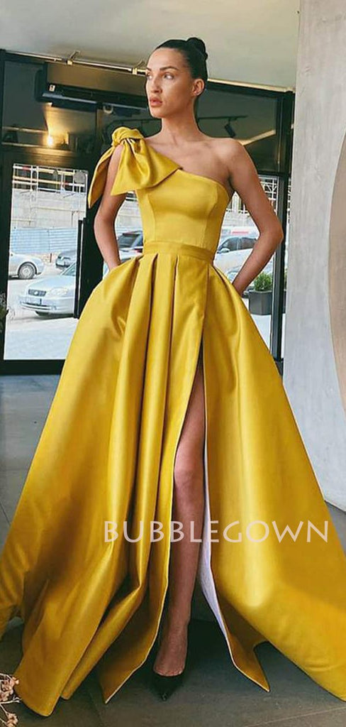 One Shoulder A-Line Yellow Satin Side Slit Long Evening Prom Dresses, Cheap Custom prom dresses, MR7539
