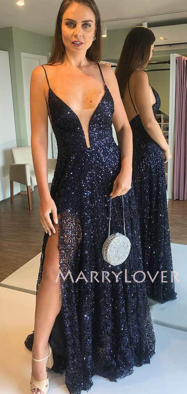 Navy Blue Sequin A-Line V Neck Spaghetti Straps Sparkly Long Evening Prom Dresses, Cheap Custom Prom Dresses, MR7543 Navy Blue Sequin A-Line V Neck Spaghetti Straps Sparkly Long Evening Prom Dresses, Cheap Custom Prom Dresses, MR7543