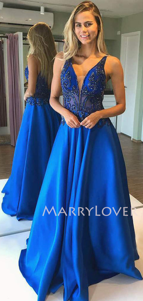 Royal Blue Satin Beaded A-line V Neck Long Backless Evening Prom Dresses, Cheap Custom prom dresses, MR7547