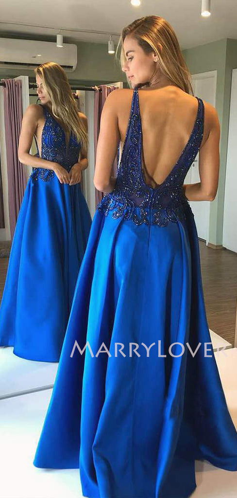 Royal Blue Satin Beaded A-line V Neck Long Backless Evening Prom Dresses, Cheap Custom prom dresses, MR7547