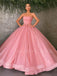 Ball Gown Pink Tulle Strapless Long Evening Prom Dresses, Cheap Custom Prom Dresses, MR7549