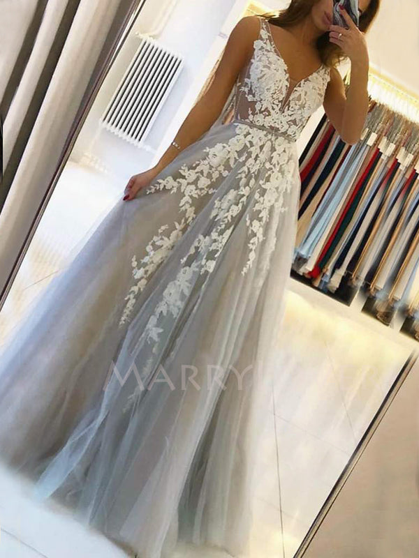 A-line V Neck Grey Tulle Appliques Lace Long Evening Prom Dresses, Che MarryLover A-line V Neck Grey Tulle Appliques Lace Long Evening Prom Dresses, Che MarryLover