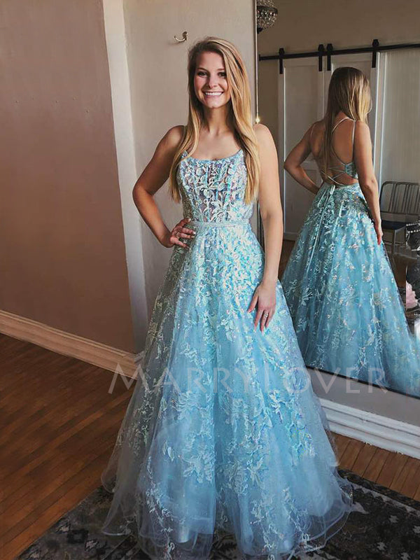 Exquisite See Throuth Blue Lace A-line Spaghetti Straps Long Evening Prom Dresses, Cheap Custom Prom Dresses, MR7555
